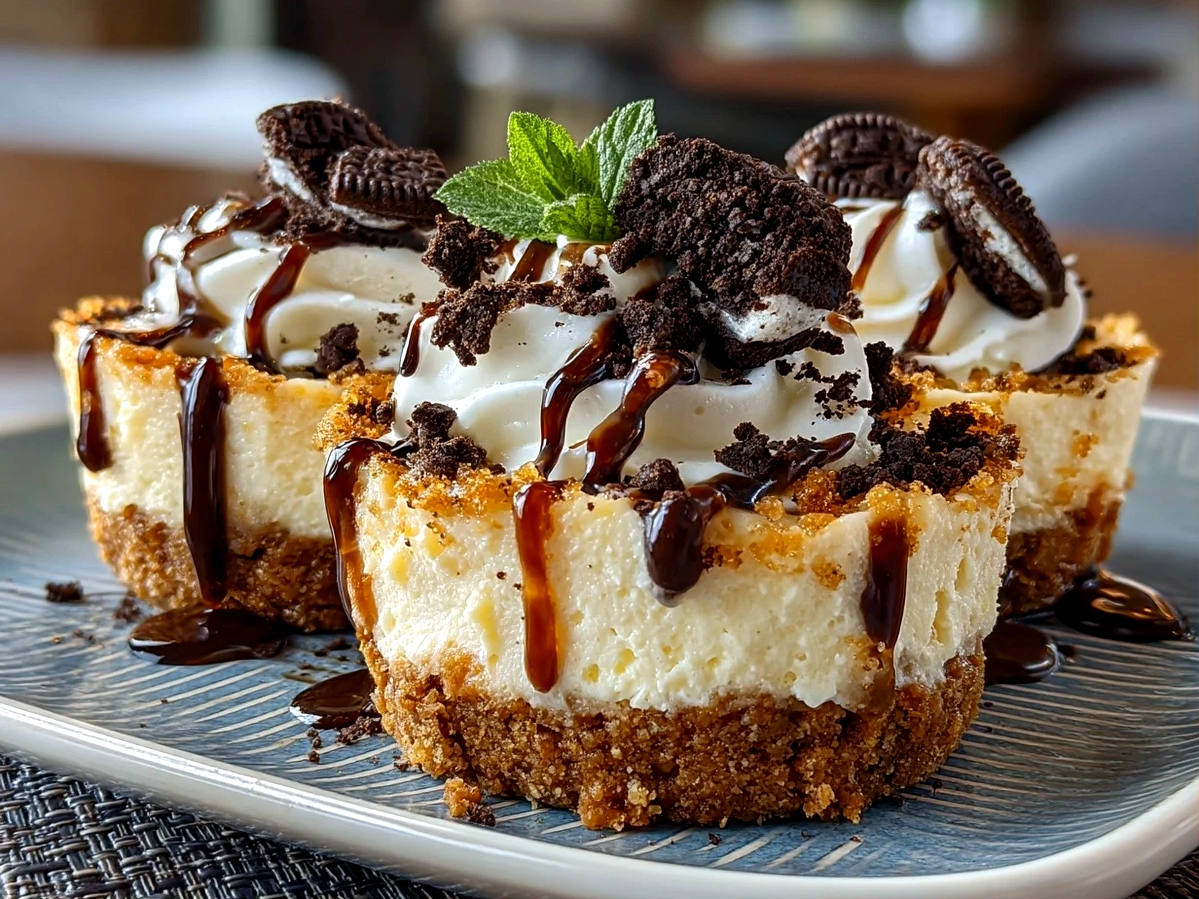 Close-up of finished comforting no-bake Oreo cheesecake bites on a plate