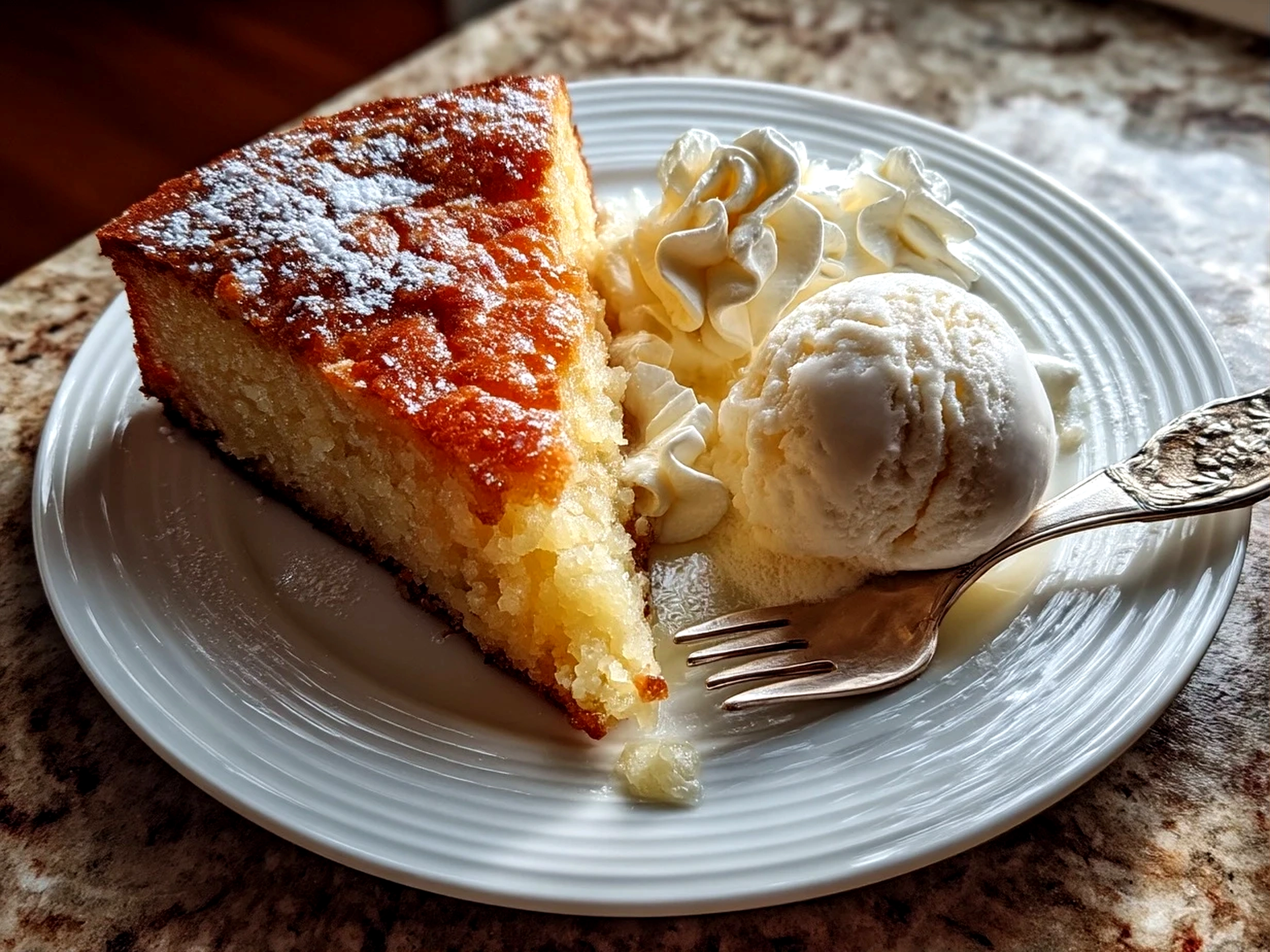 Close-up of finished homemade French Butter Cake in a warm kitchen setting