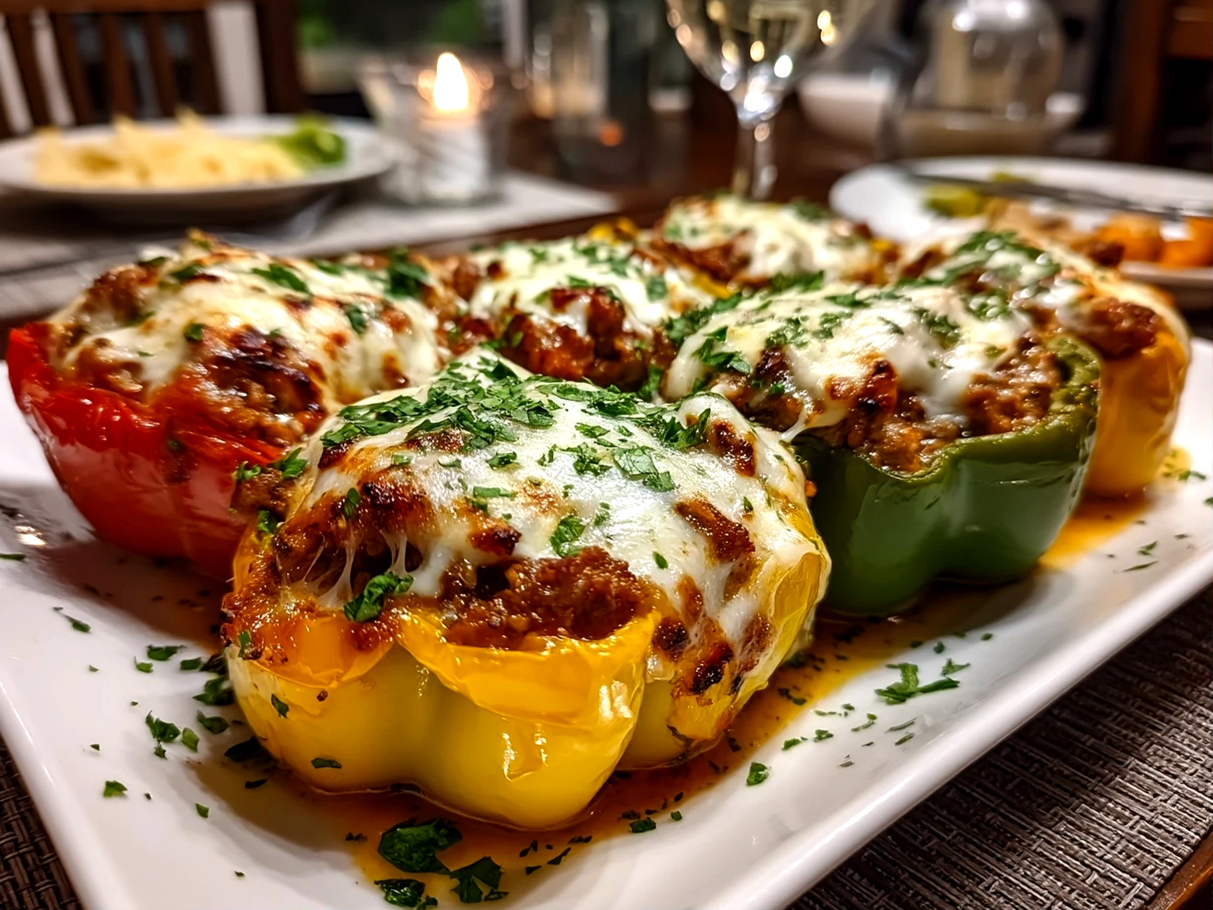 Close-up view of finished homemade ground turkey stuffed peppers with fresh vibrant colors