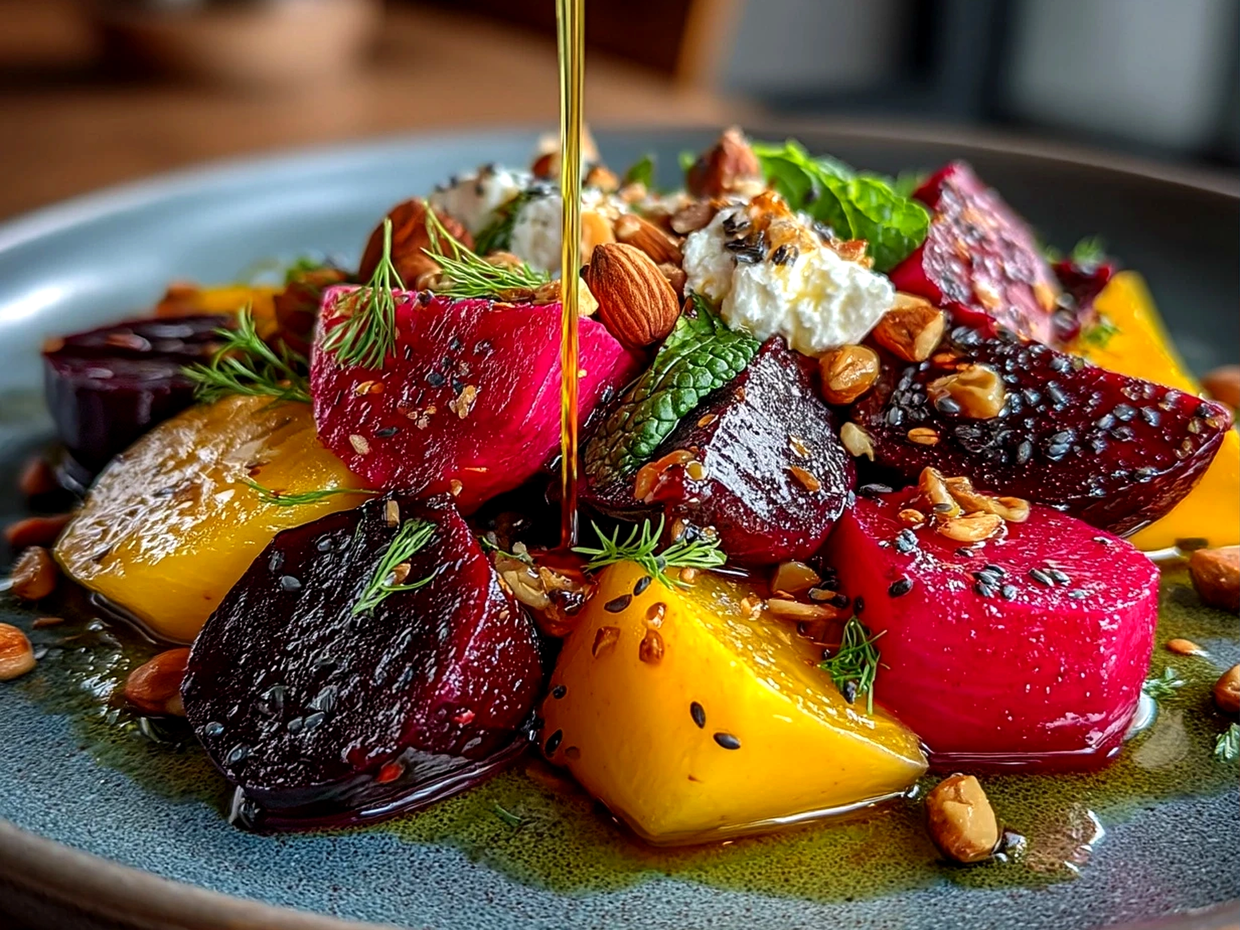 Close up of a finished delicious beet salad with goat cheese and walnuts