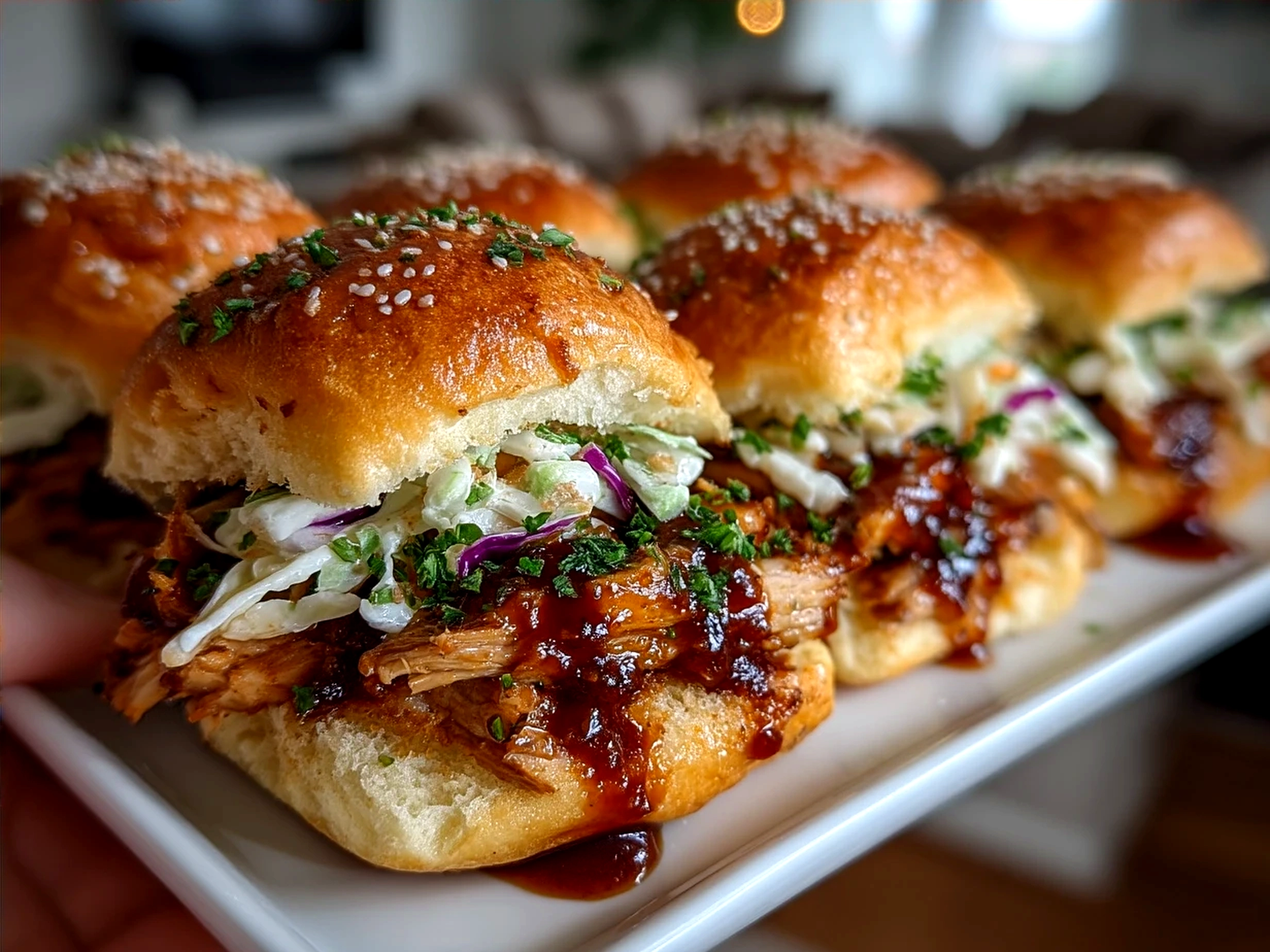 Plated BBQ Chicken Sliders ready to eat with melted cheese and pickles