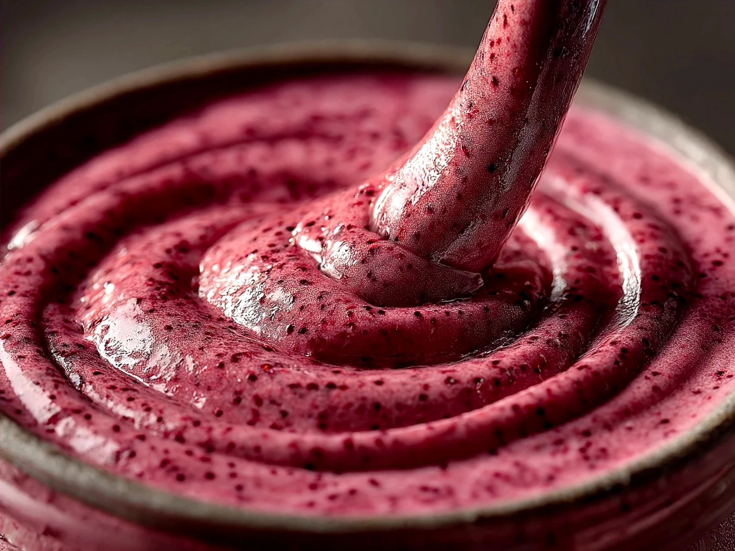 Freshly poured Berry Spinach Smoothie in a clear glass showing reds and greens