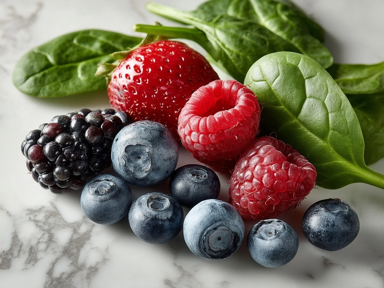 Ingredients for Berry Spinach Smoothie including fresh spinach, mixed berries, banana, almond milk, honey, Greek yogurt, and chia seeds