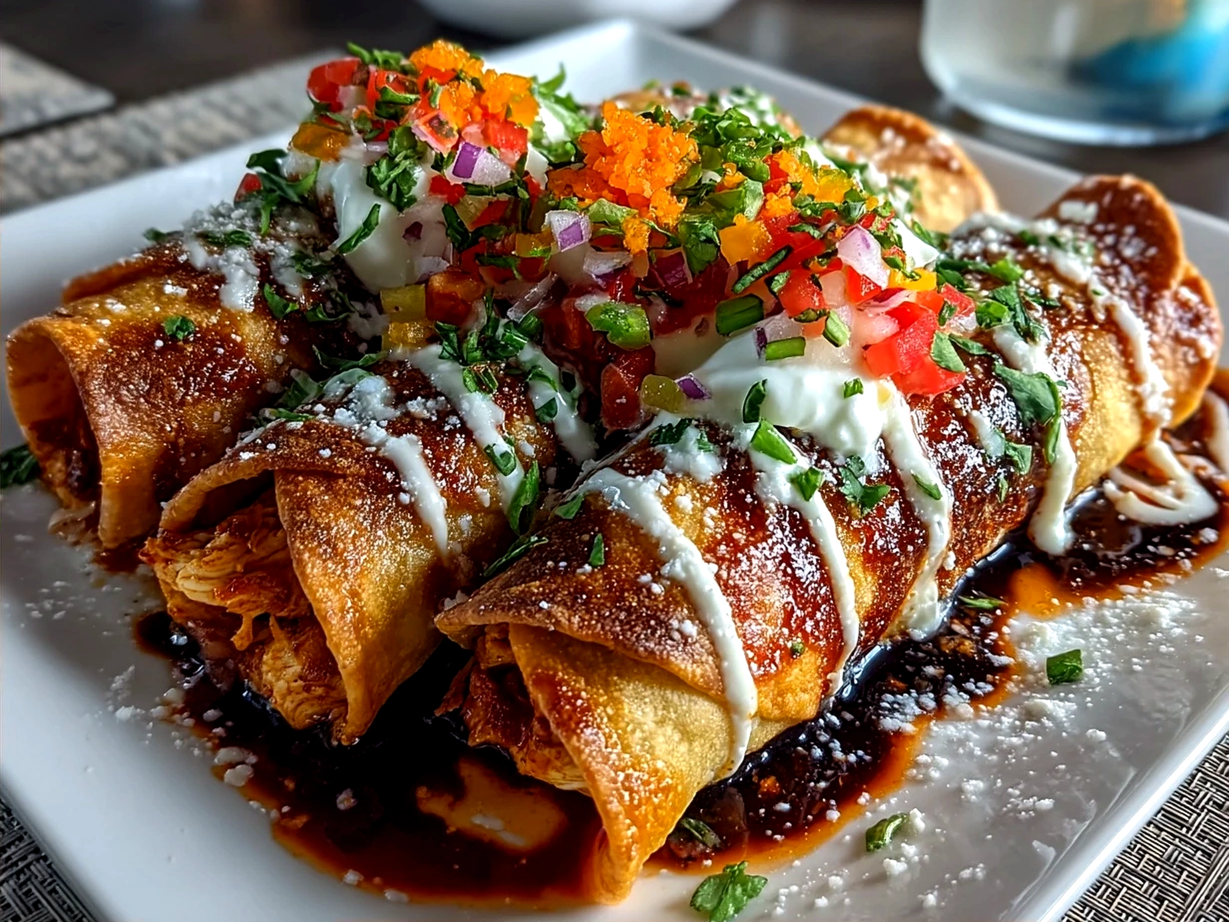 Golden crispy Buffalo Chicken Taquitos plated with dipping sauces, celery sticks, and fresh garnish