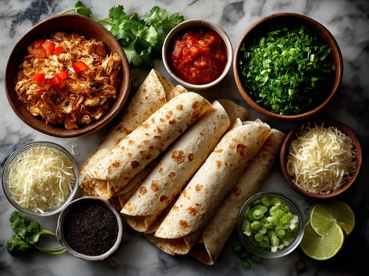 Ingredients for Buffalo Chicken Taquitos including cooked shredded chicken, cream cheese, cheddar, and flour tortillas