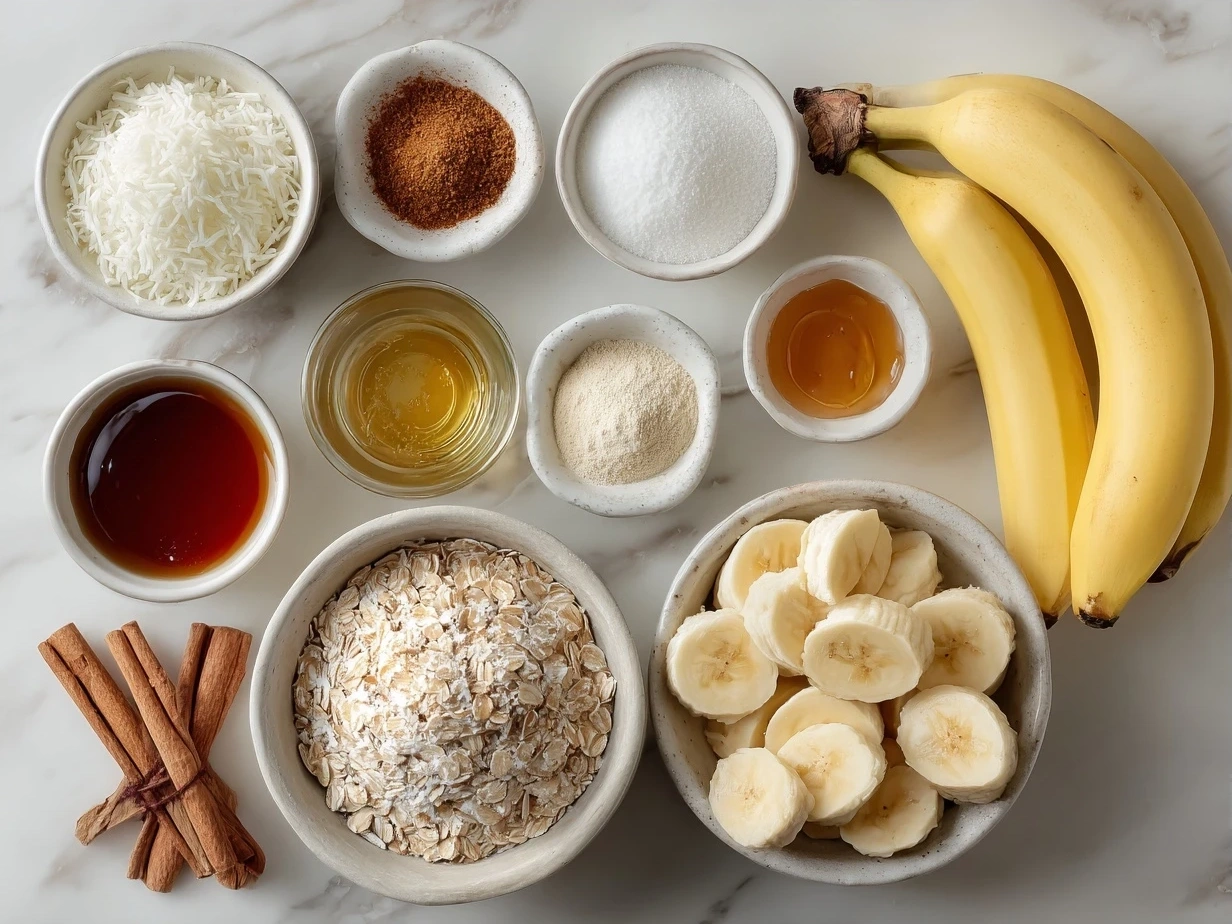 Ingredients for Caramelized Baked Banana Slices including bananas, coconut sugar, butter, vanilla extract, cinnamon, and salt