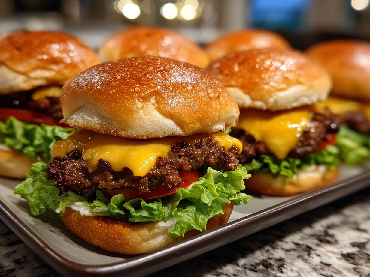 Served Cheeseburger Sliders on Hawaiian Rolls ready to eat