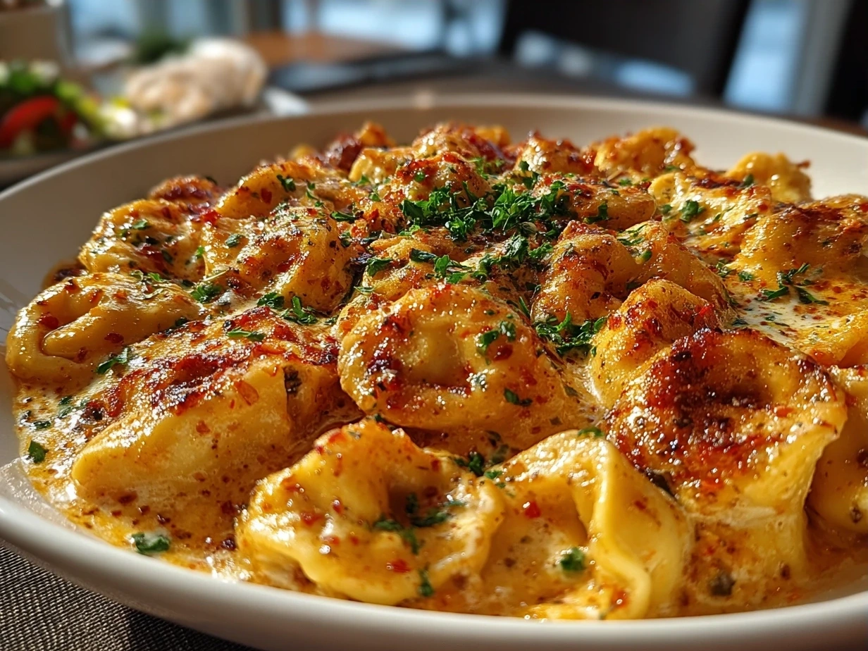 Creamy Cheese Tortellini in Marinara Sauce served with fresh herbs and parmesan