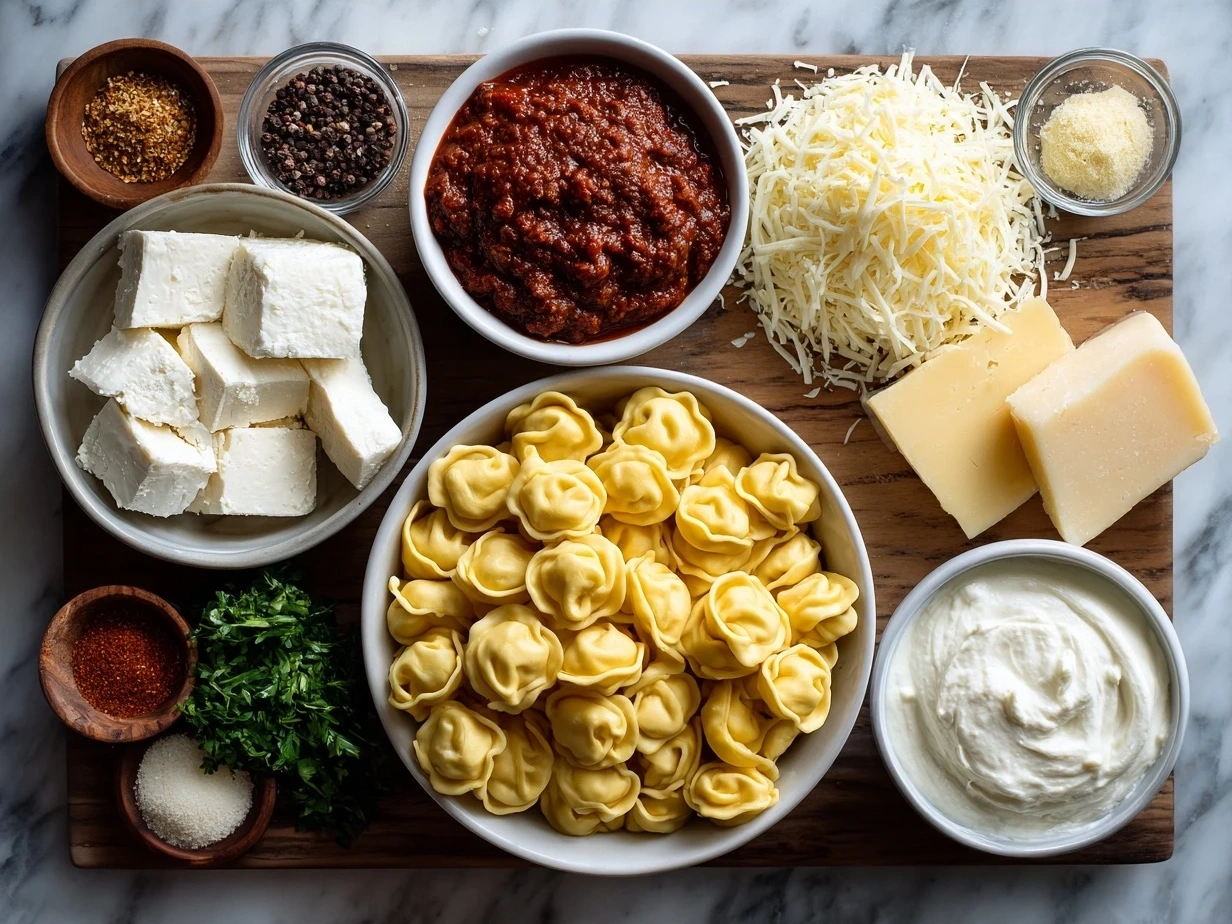 Ingredients for Cheese Tortellini in Creamy Marinara including cheese tortellini, marinara sauce, garlic, cream, olive oil, and parmesan cheese