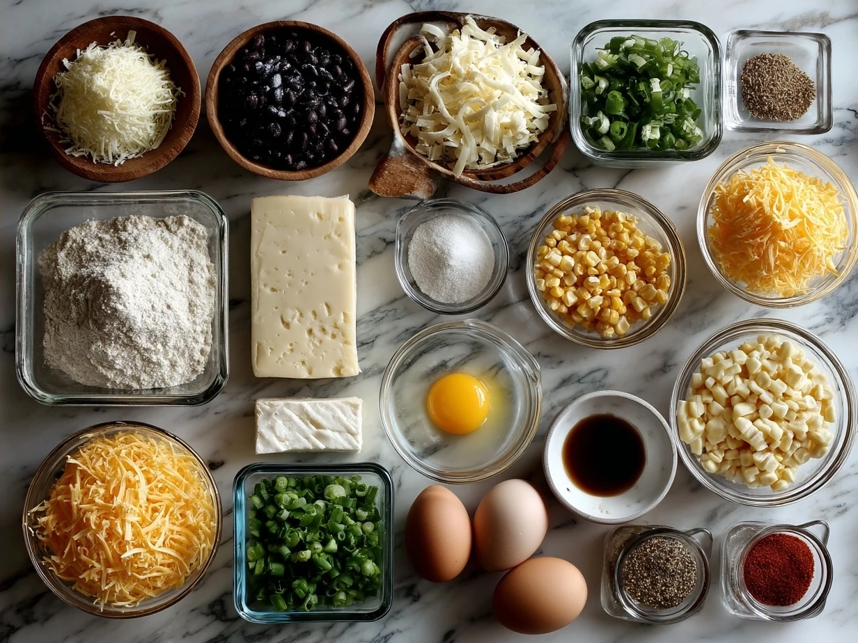 Ingredients for Cheesy Crowd-Pleaser Corn Dip displayed in bowls and plates