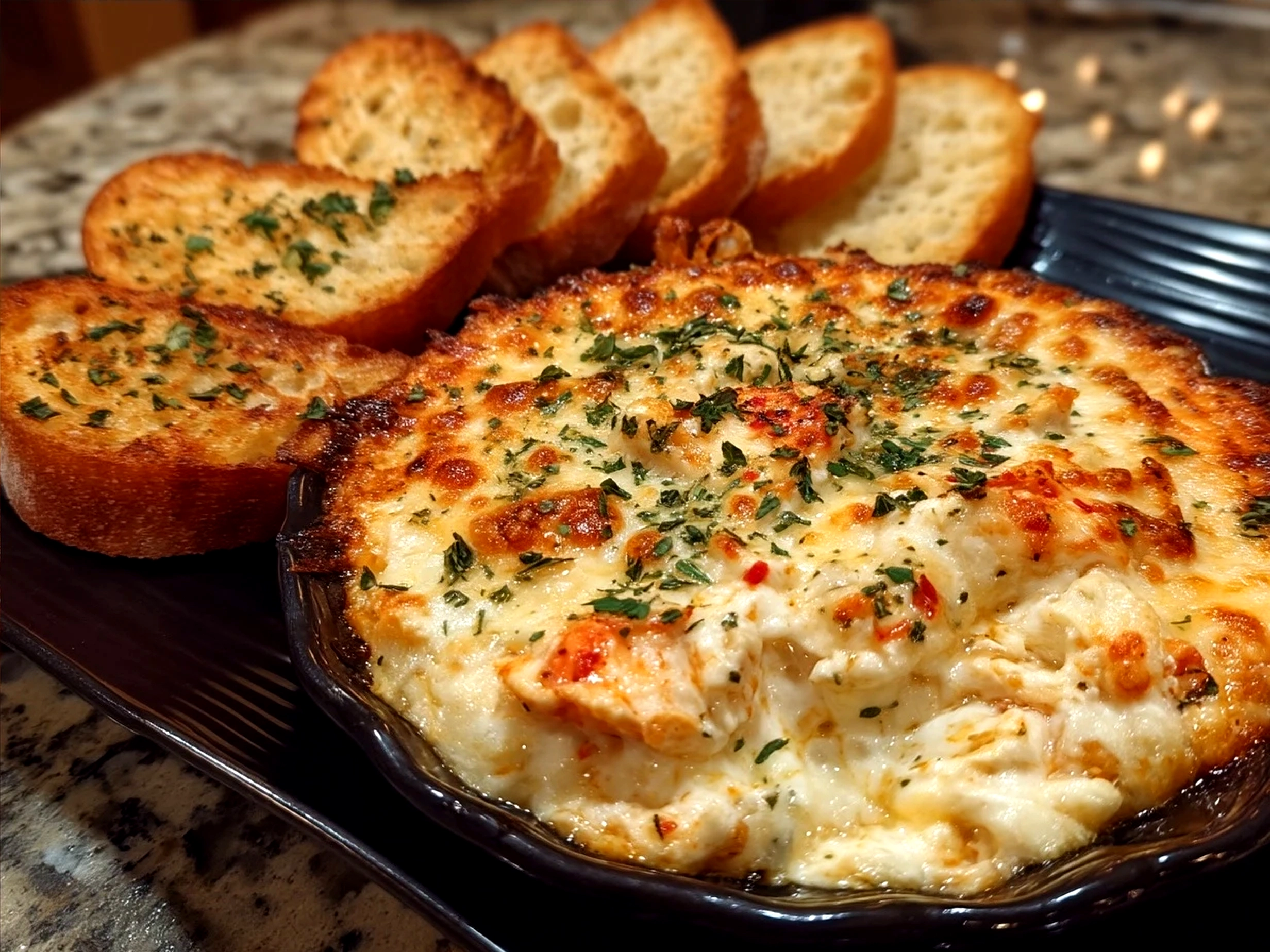 Baked cheesy pizza dip served with chips and vegetables
