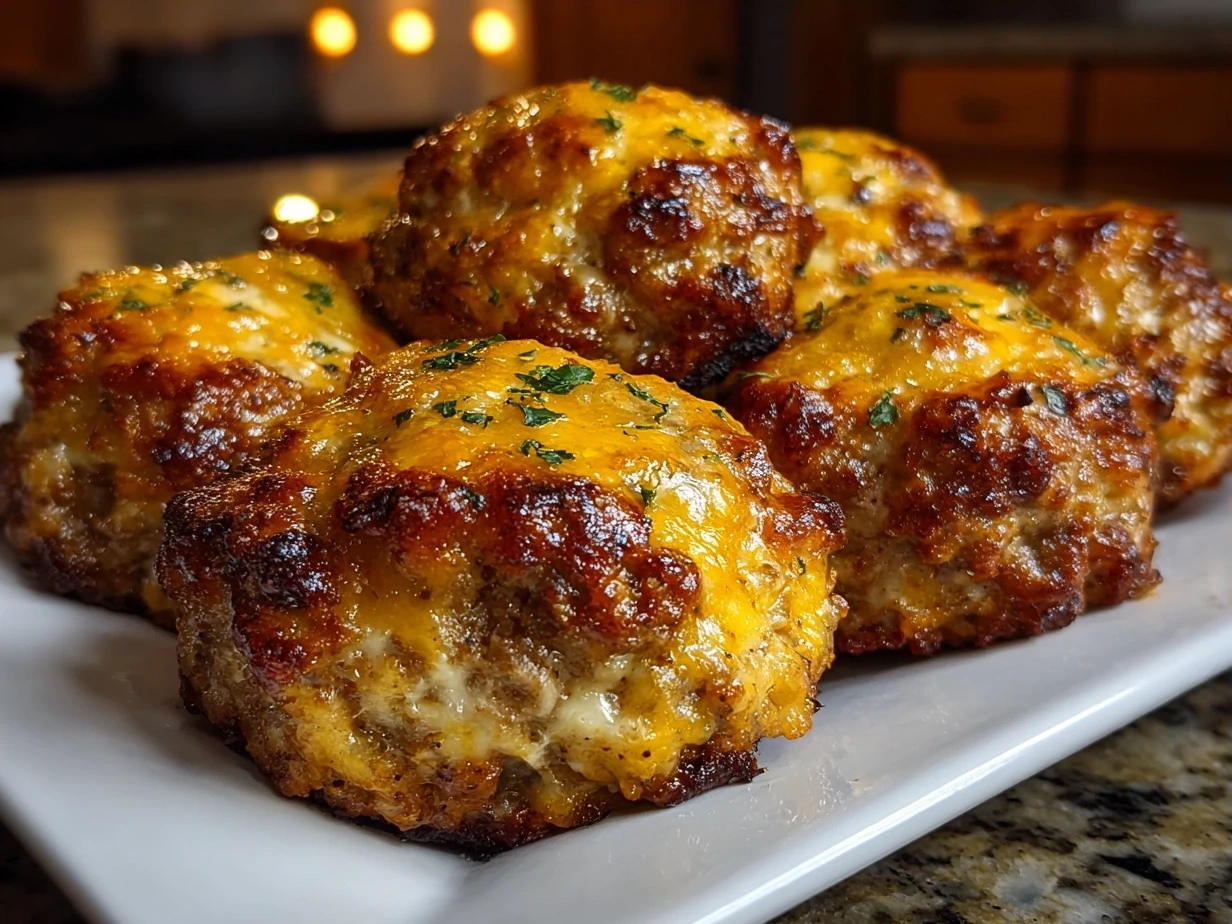 Freshly baked golden Cheesy Rotel Sausage Balls plated and ready to serve