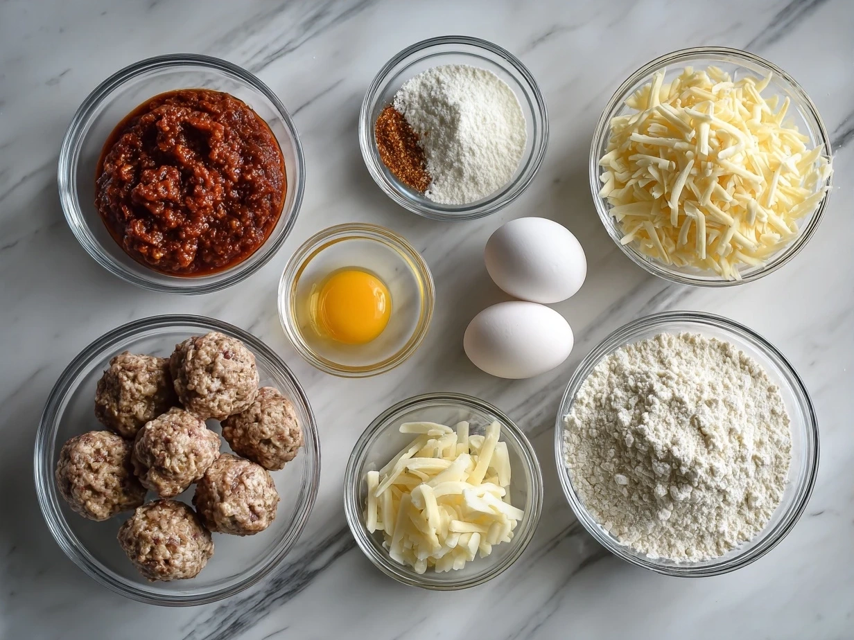 Ingredients for Cheesy Rotel Sausage Balls including sausage, shredded cheddar cheese, Bisquick mix, and canned Rotel tomatoes