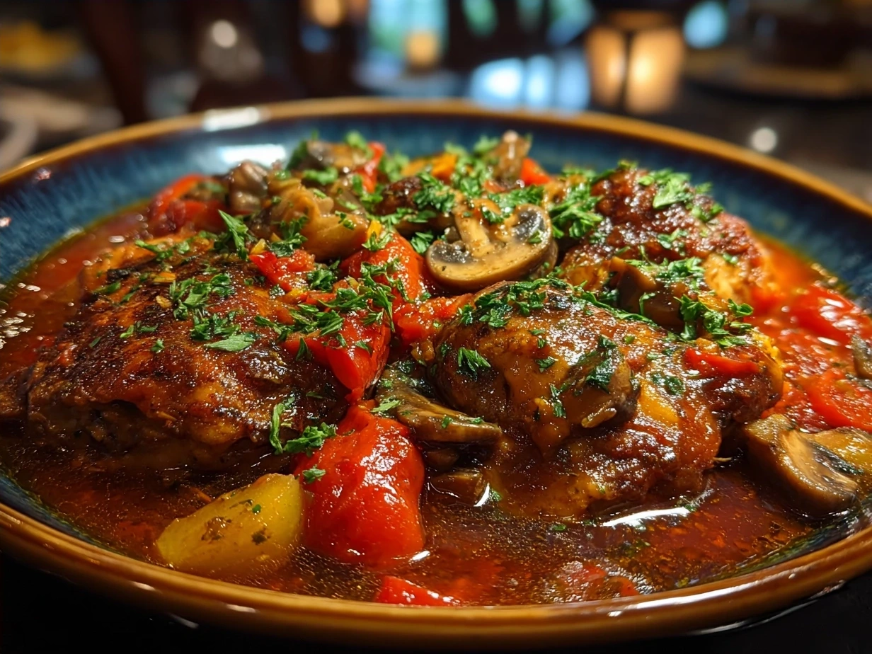 Serving plate of Chicken Cacciatore garnished with fresh parsley with a side salad