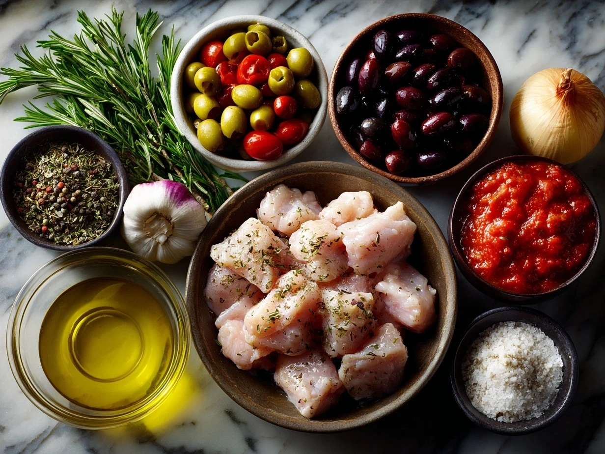 Ingredients for Chicken Cacciatore including chicken thighs, onions, peppers, garlic, crushed tomatoes, wine, and herbs