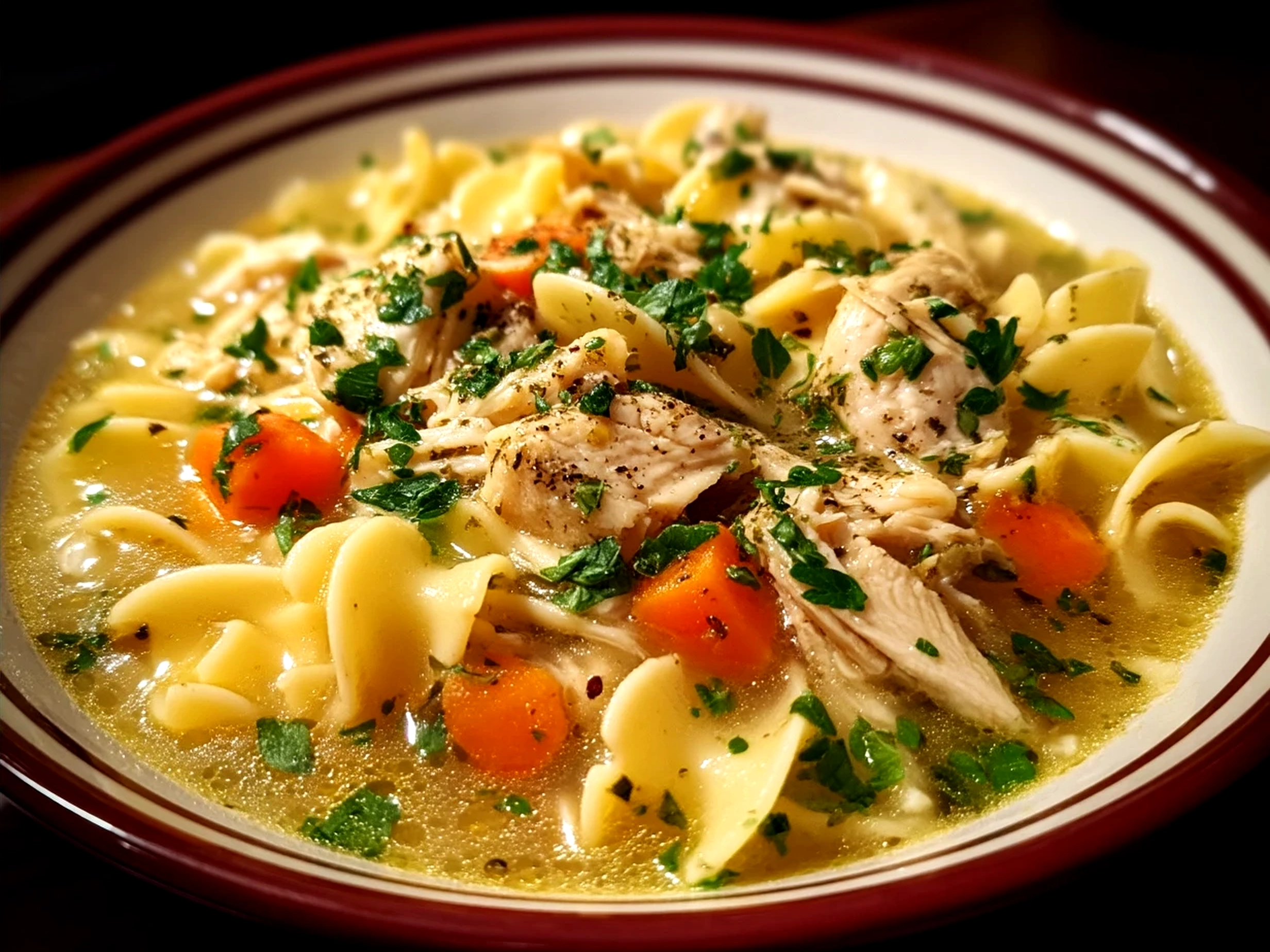 A bowl of Chicken Noodle Soup served with fresh parsley and crusty bread on the side