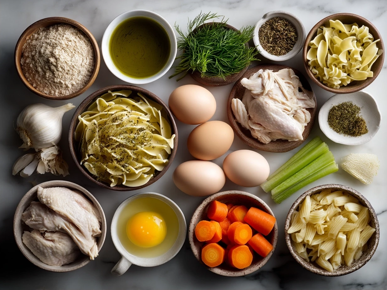 Ingredients for Chicken Noodle Soup including vegetables, broth, noodles, and shredded chicken