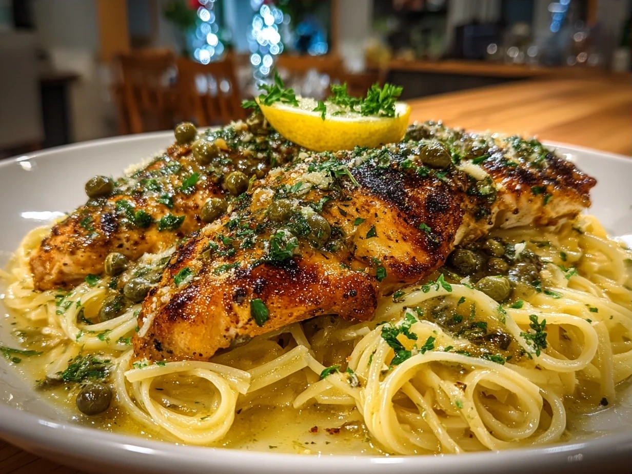 Finished plate of Chicken Piccata Pasta garnished with fresh parsley