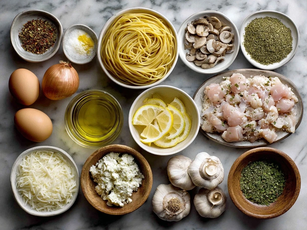 Ingredients for Chicken Piccata Pasta including pasta, chicken breasts, lemon, capers, and butter