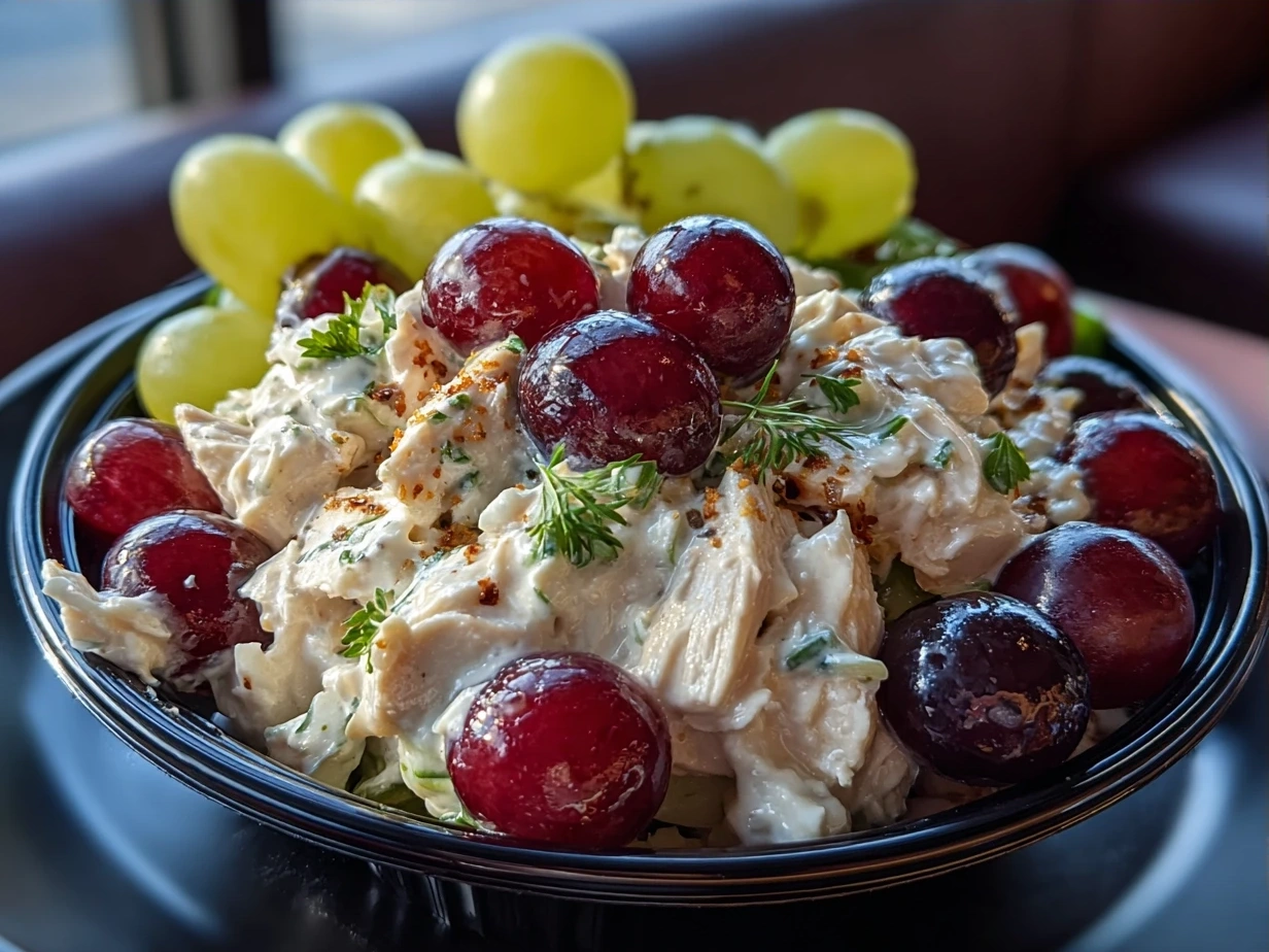 Final serving of Chicken Salad Chick Grape Salad in a bowl with crunchy topping