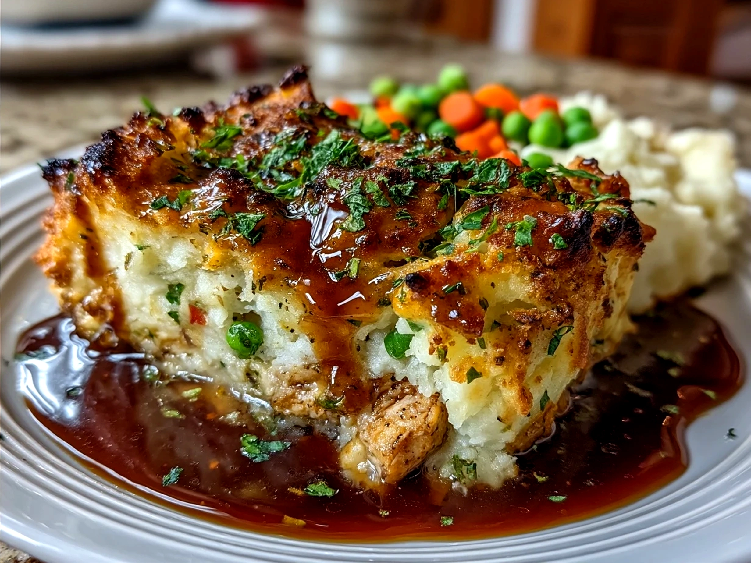 Serving of baked Chicken Shepherds Pie on a plate with a side salad