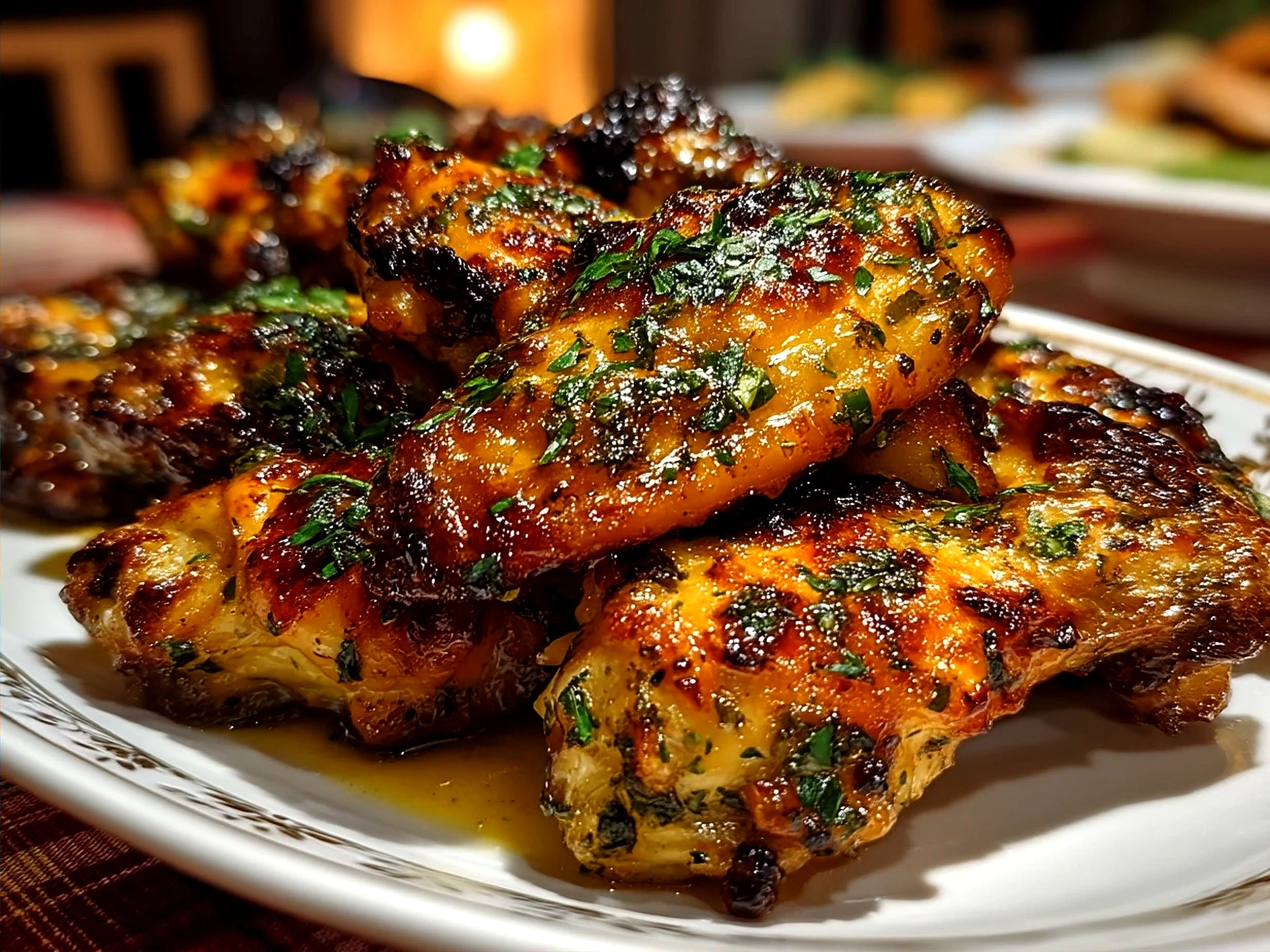 Serving plate of crispy and saucy chicken wings with celery sticks and dip
