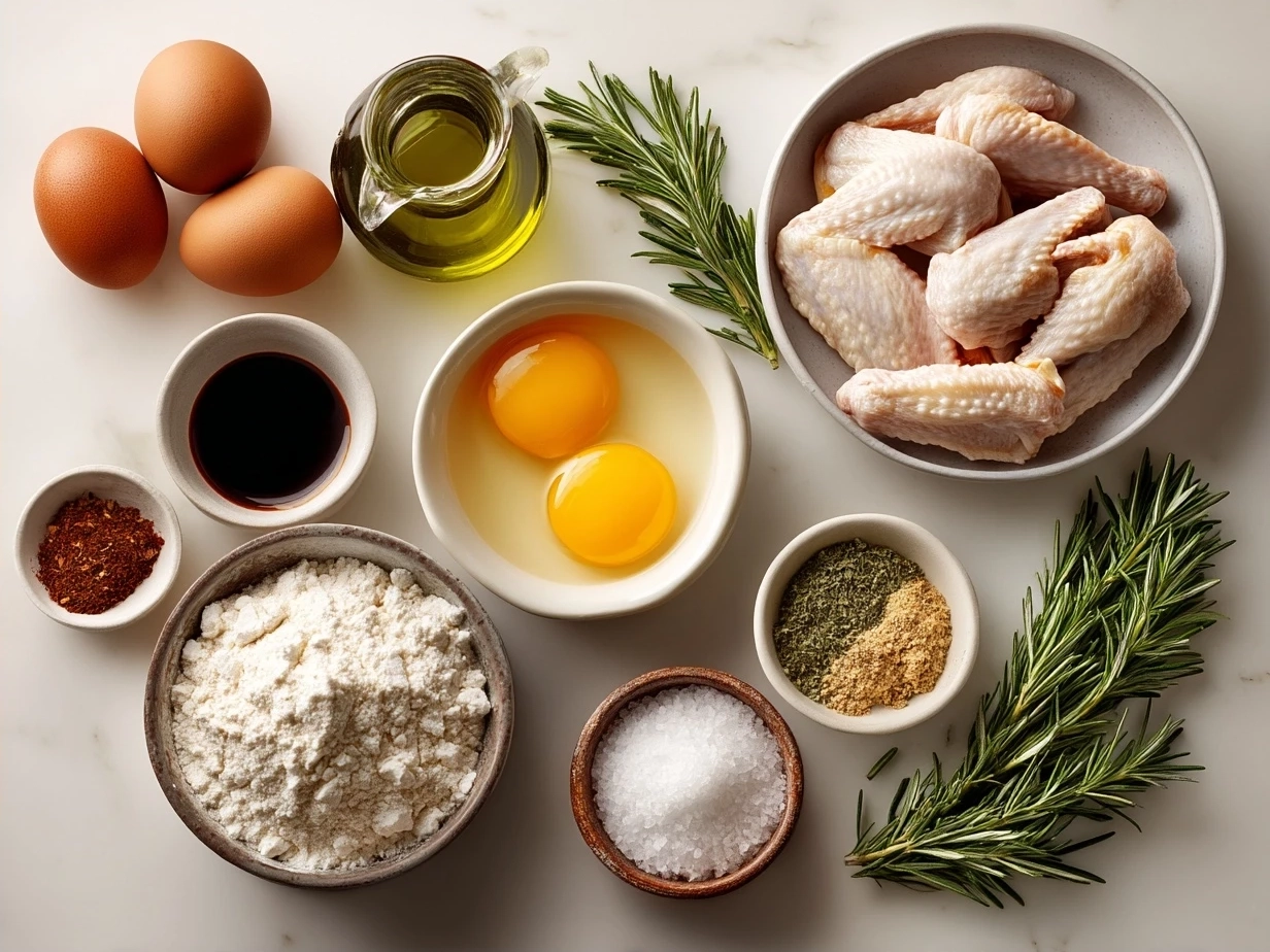 Ingredients for crispy chicken wings on a kitchen counter