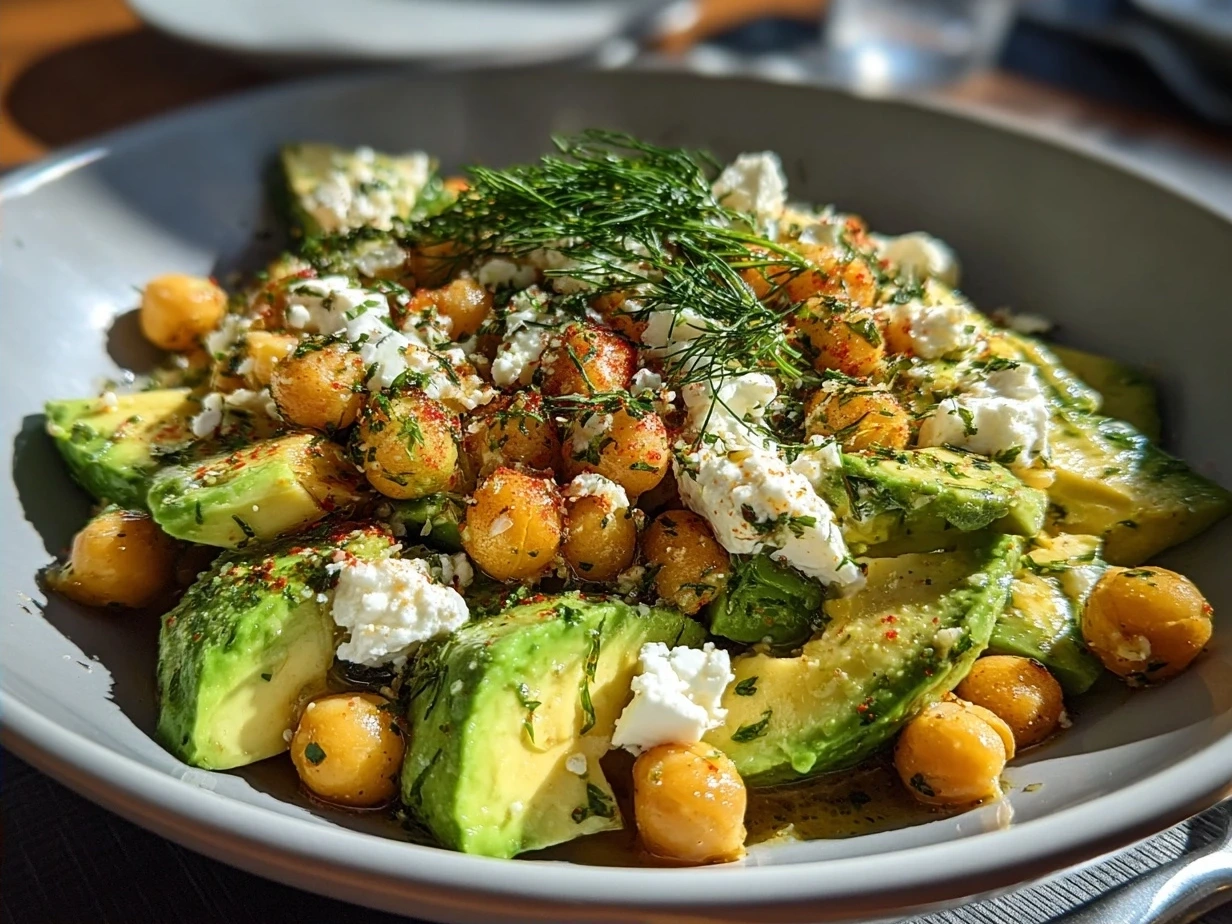 Chickpea Feta Avocado Salad served in a bowl garnished with fresh parsley and olive oil