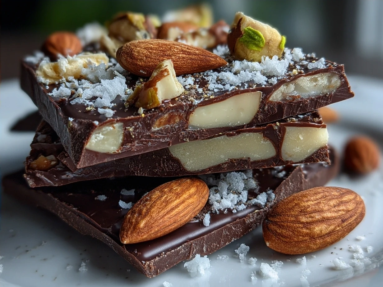 Finished Chocolate Date Bark broken into rustic pieces, ready to enjoy