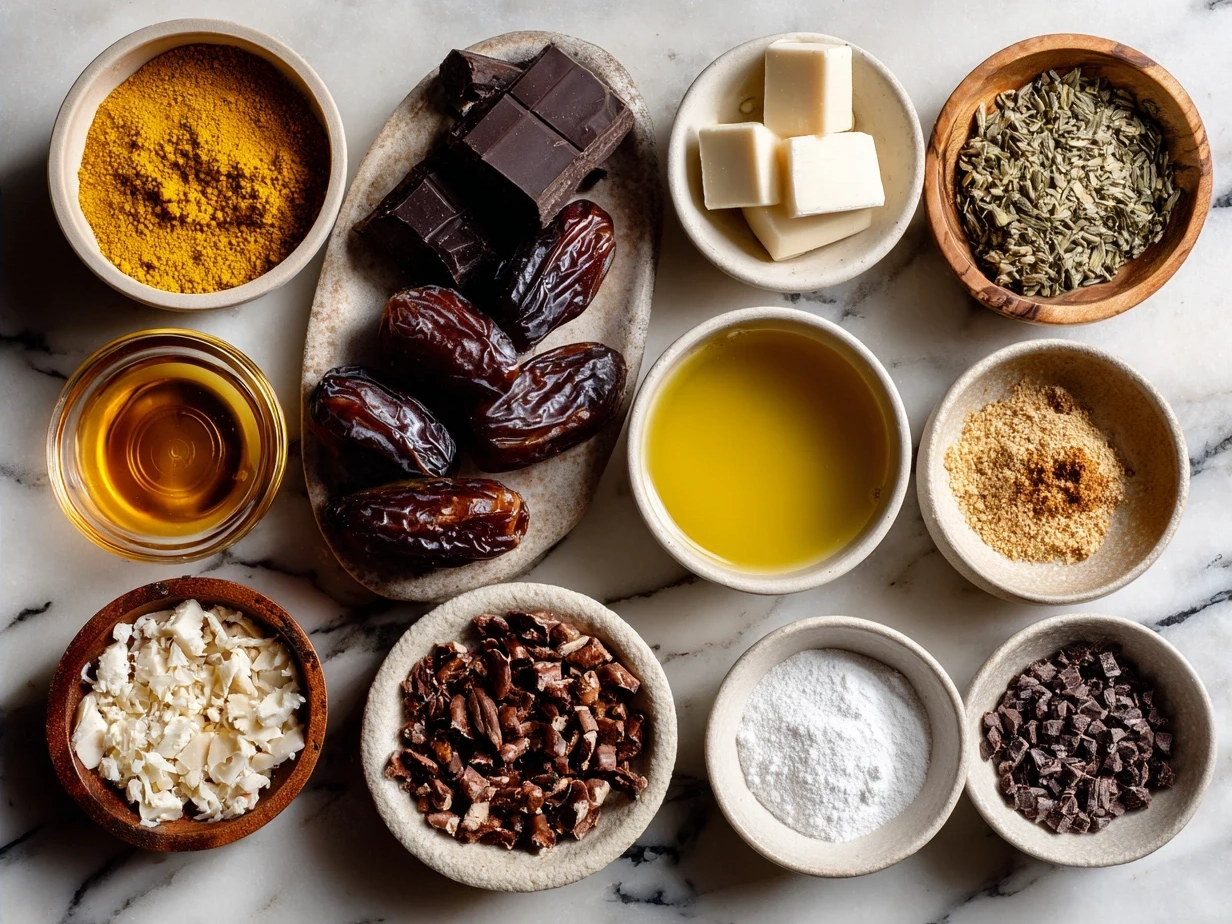 Ingredients for Chocolate Date Bark including chocolate chips, dates, nuts, vanilla extract, and sea salt flakes
