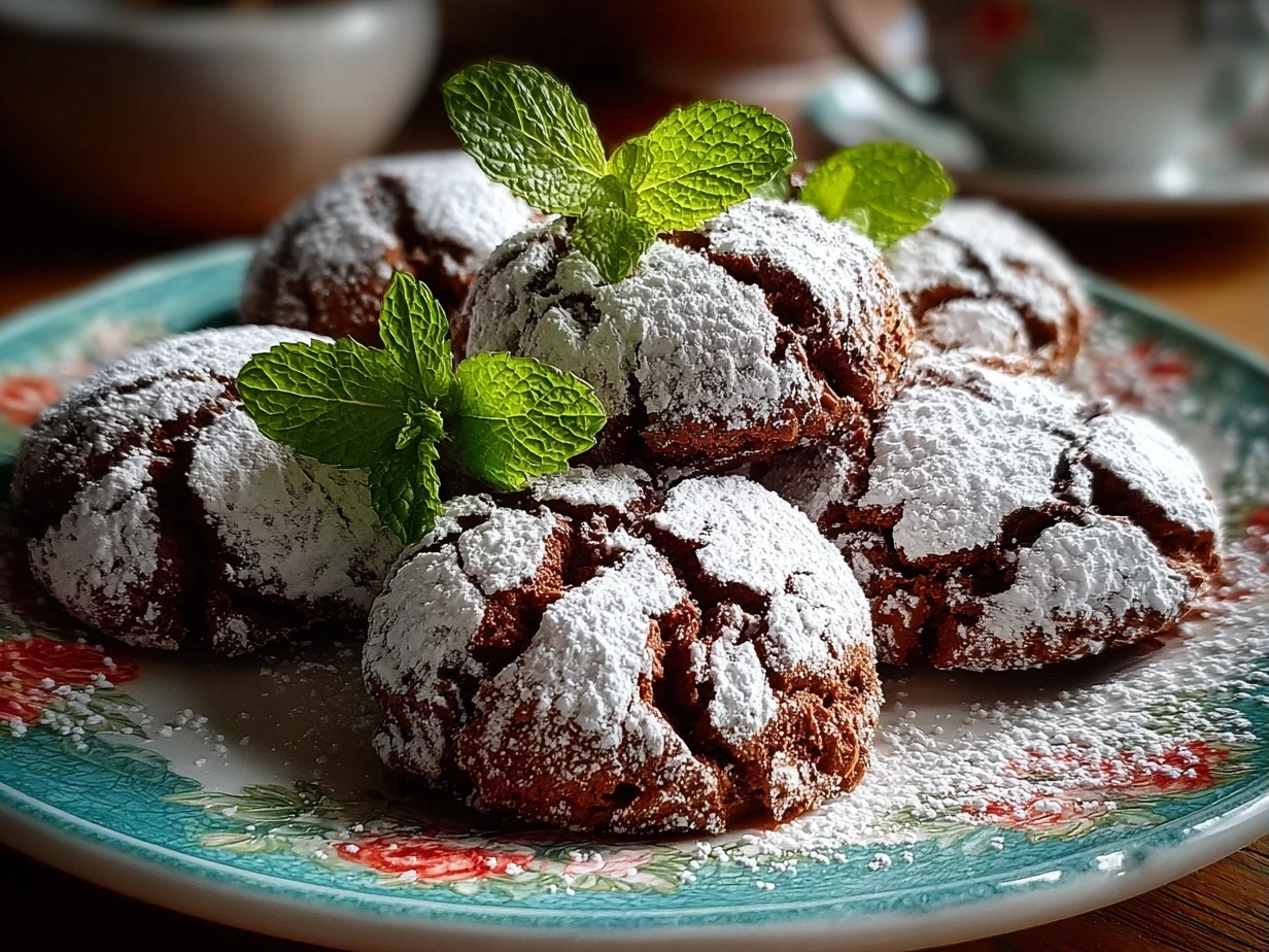 Freshly baked Chocolate Mint Crinkle Cookies cooling on a wire rack