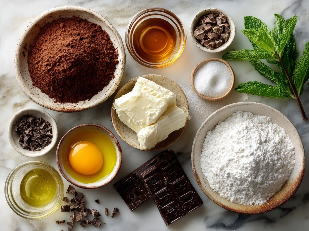 Ingredients for Chocolate Mint Crinkles laid out on a kitchen counter