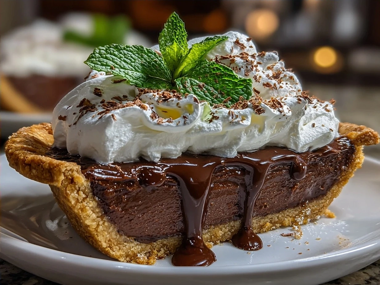 Slice of Chocolate Mint Pie garnished with chocolate shavings and fresh mint leaves served on rustic plate