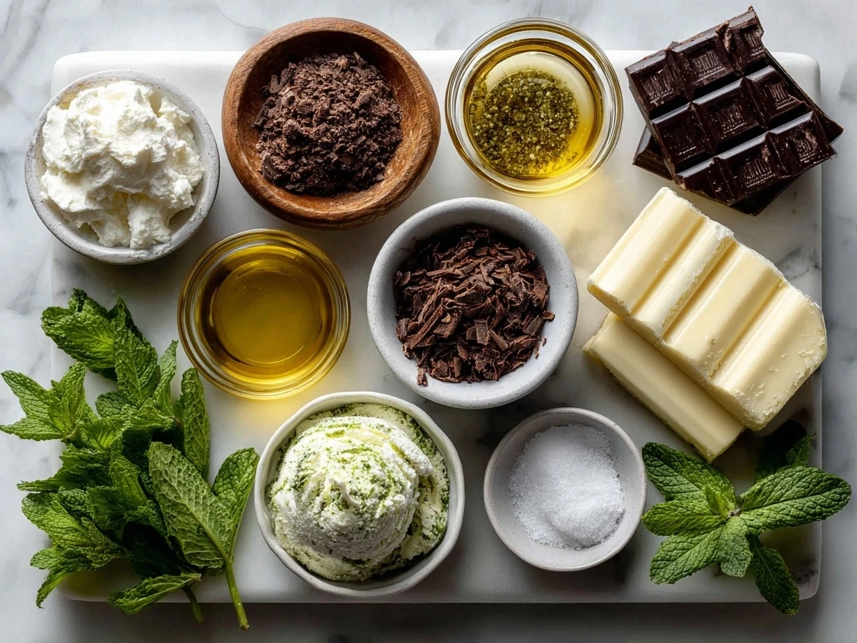 Ingredients for Chocolate Mint Pie including chocolate cookie crumbs, butter, cream, cream cheese, powdered sugar, peppermint extract, dark chocolate, and semi-sweet chips