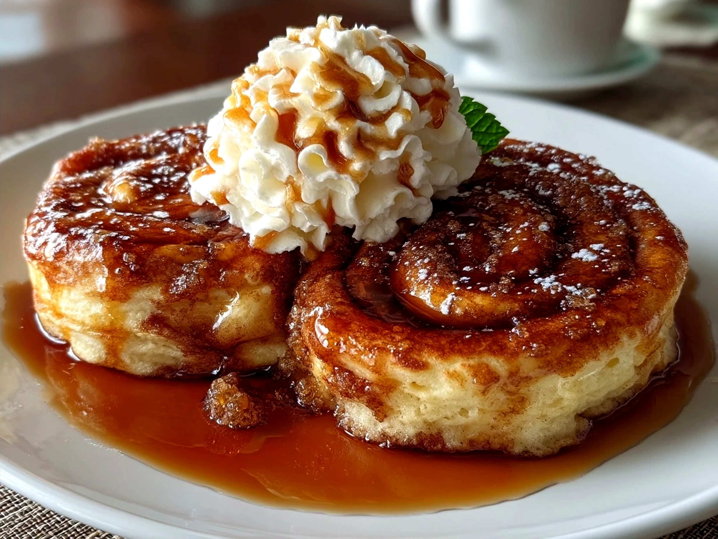 Stack of Cinnamon Roll Pancakes served with icing and butter