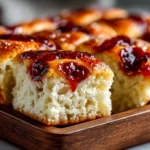 Close-up of freshly baked jam donut focaccia