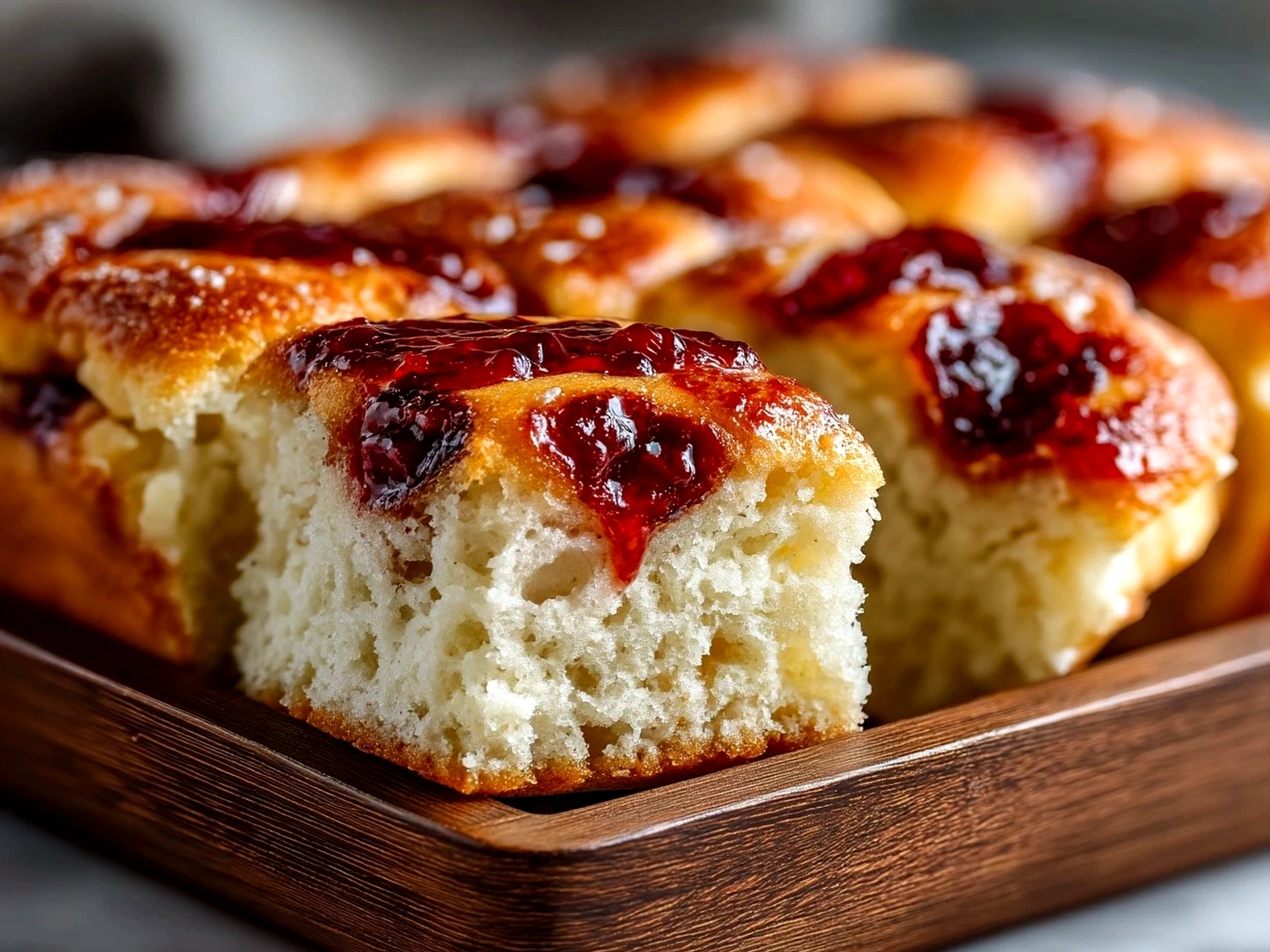 Close-up of freshly baked jam donut focaccia