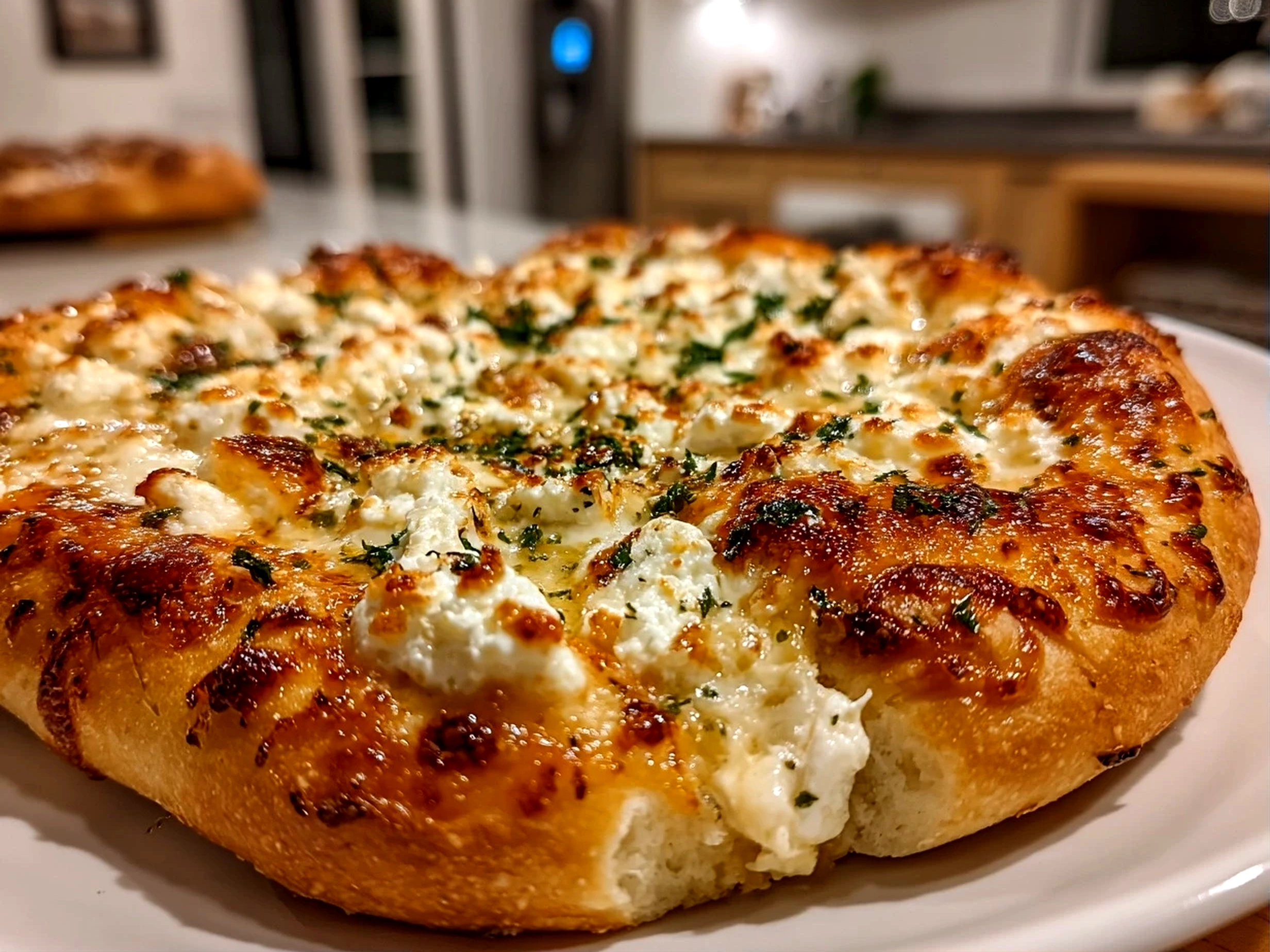 Close-up of freshly prepared Honey Ricotta Pizza