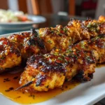 Close-up of homemade Bang Bang Chicken Skewers