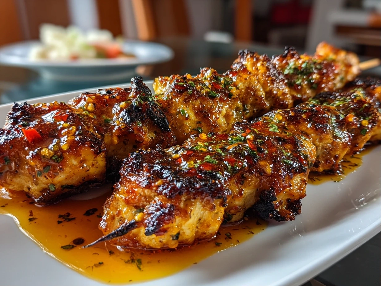 Close-up of homemade Bang Bang Chicken Skewers