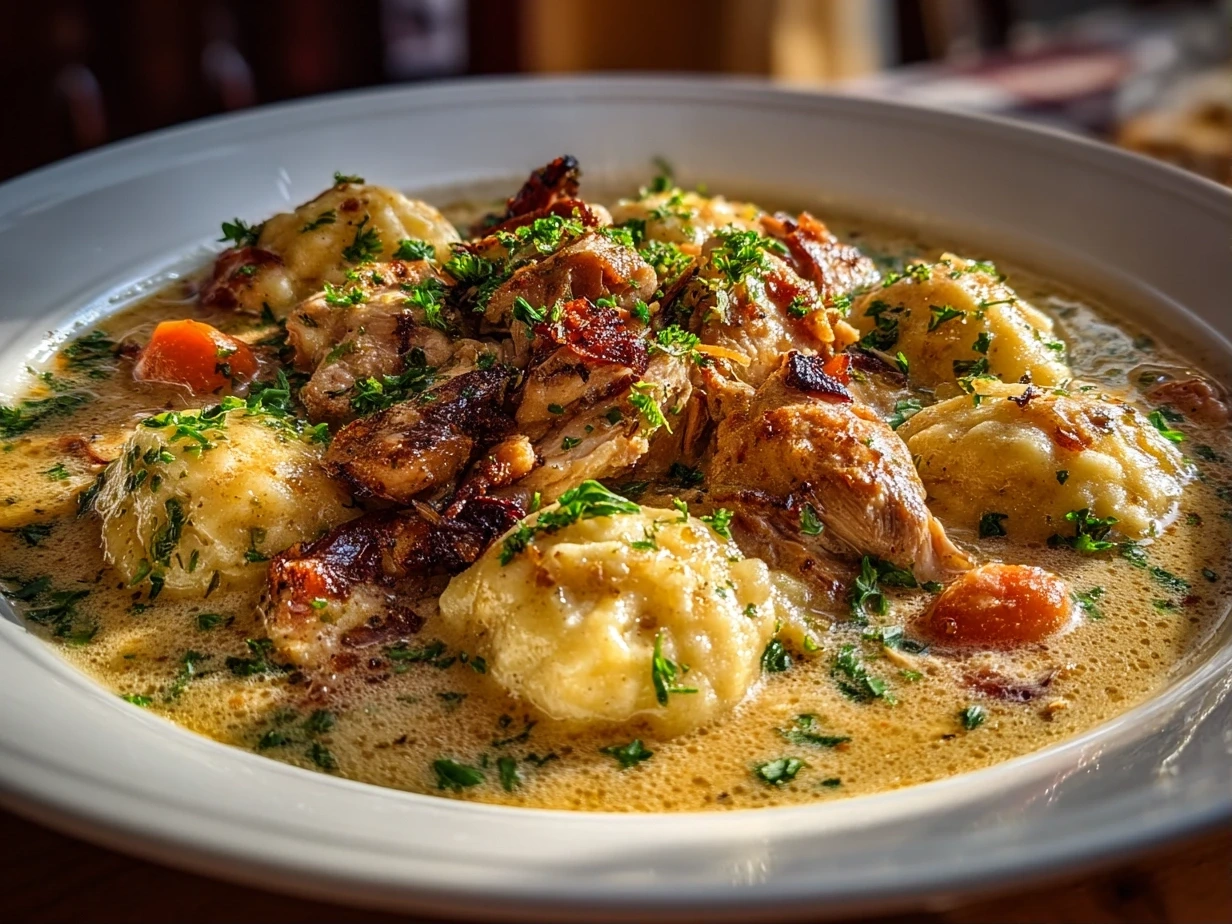 Close-up of homemade chicken and dumplings
