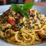 Close-up of homemade chicken spaghetti on white plate