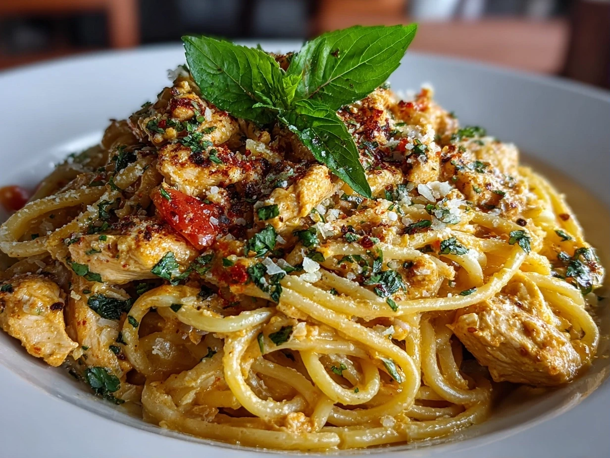 Close-up of homemade chicken spaghetti on white plate