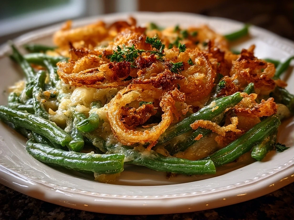 Close-up of homemade green bean casserole on white plate
