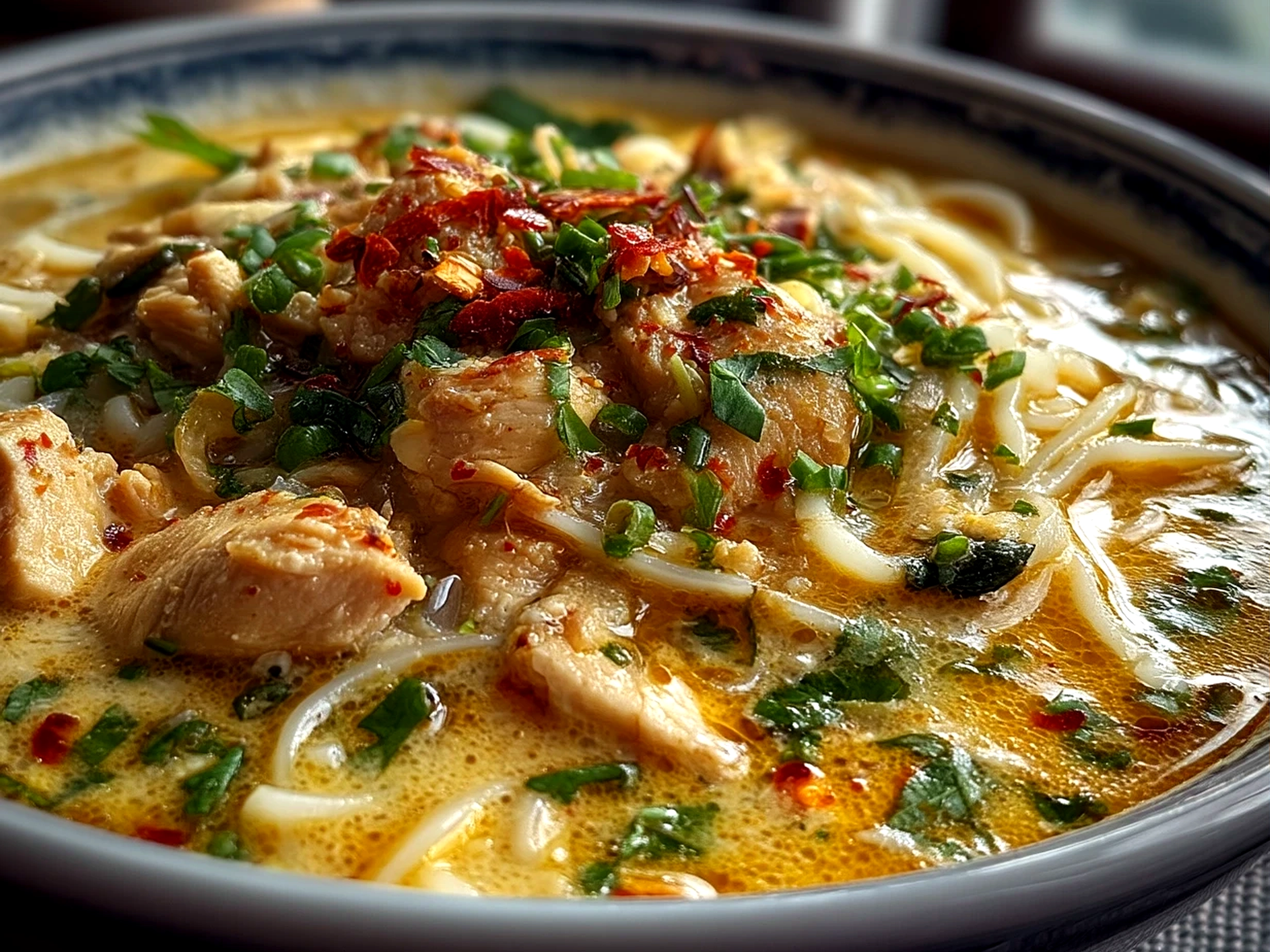 Close-up of a bowl of ready to eat Cheats Chicken Laksa garnished with lime and herbs