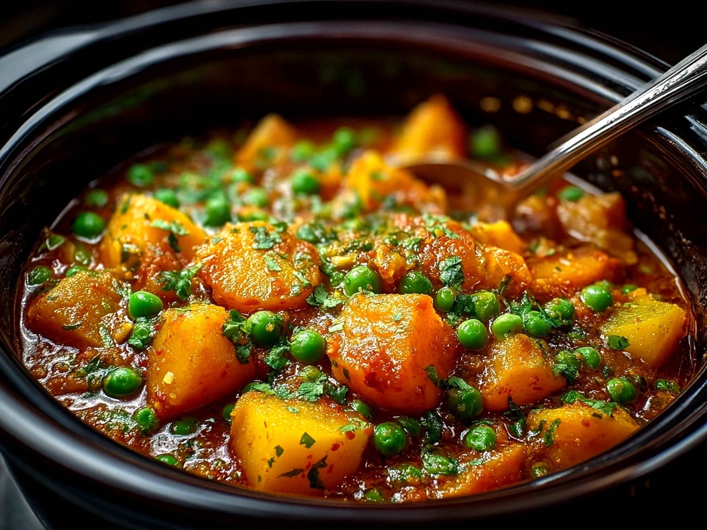Close up of ready to eat Crockpot Potato Pea Curry in a bowl