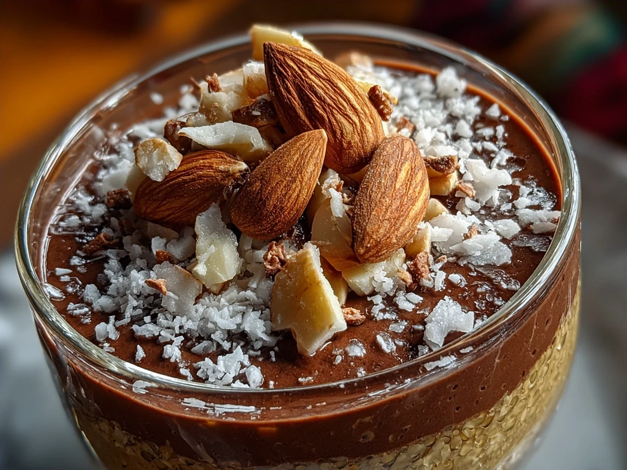 A bowl of creamy Coconut Almond Chocolate Pudding garnished with toasted almonds and fresh berries