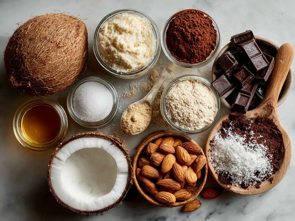 Ingredients for Coconut Almond Chocolate Pudding laid out on a kitchen counter