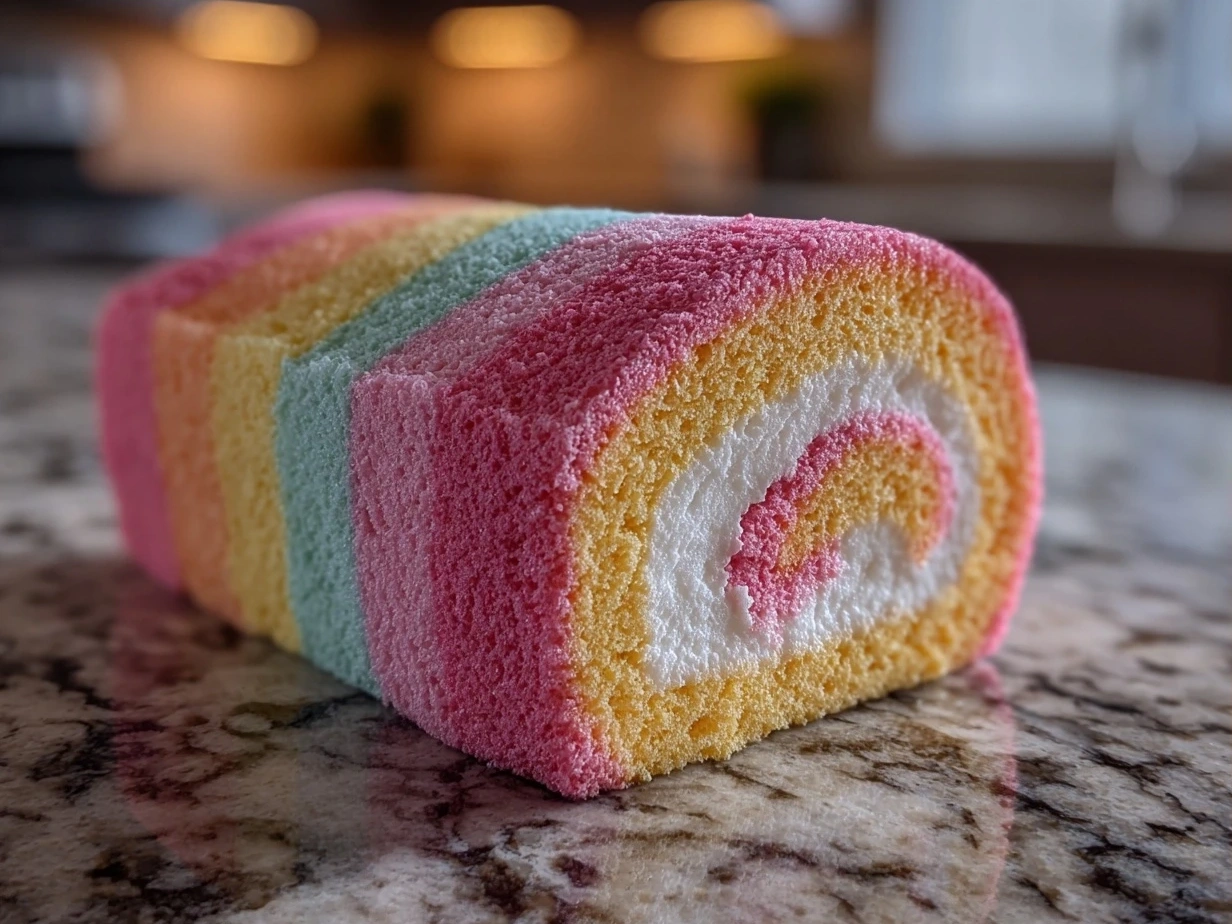 Finished Cotton Candy Swiss Cake Roll, sliced and ready to serve