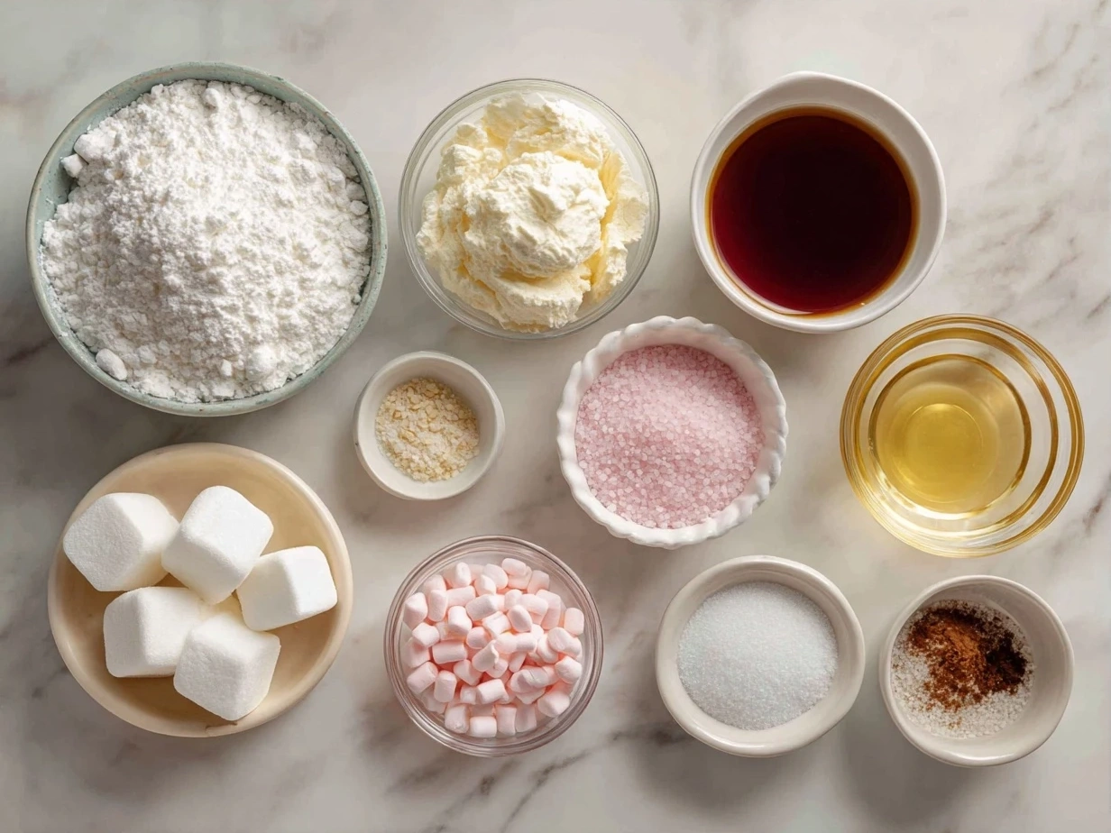 Ingredients for Cotton Candy Swiss Cake Roll including eggs, sugar, flour, milk, and cream